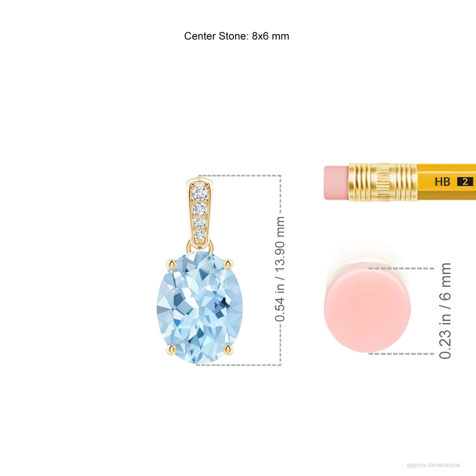 8x6mm AAA Prong-Set Oval Aquamarine Pendant with Diamond Bale in Yellow Gold ruler