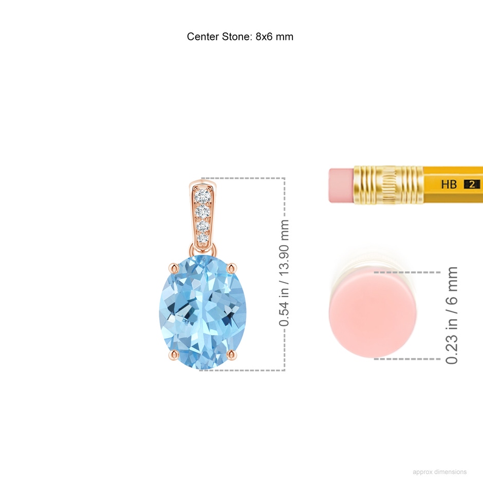 8x6mm AAAA Prong-Set Oval Aquamarine Pendant with Diamond Bale in Rose Gold ruler
