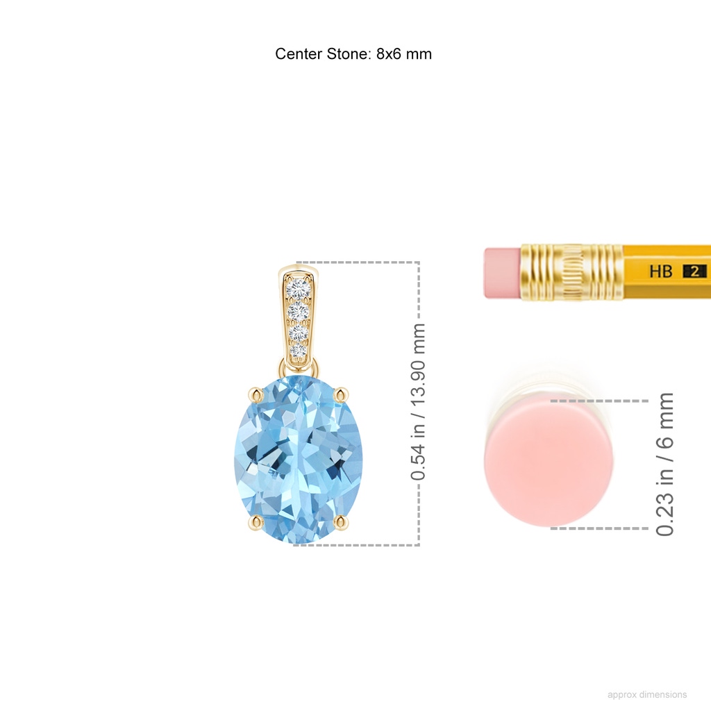 8x6mm AAAA Prong-Set Oval Aquamarine Pendant with Diamond Bale in Yellow Gold ruler
