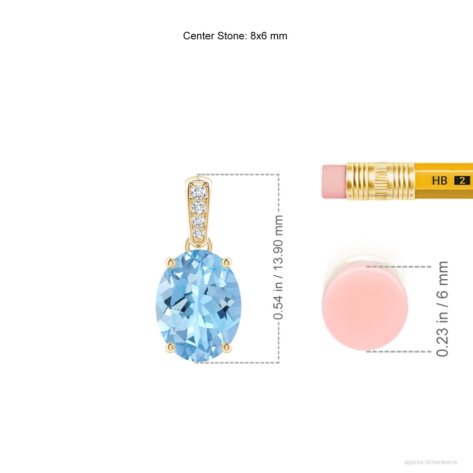 8x6mm AAAA Prong-Set Oval Aquamarine Pendant with Diamond Bale in Yellow Gold ruler
