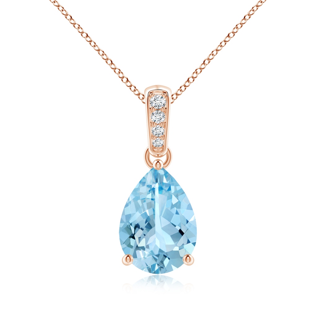 10x7mm AAAA Prong-Set Pear Aquamarine Pendant with Diamond Bale in Rose Gold