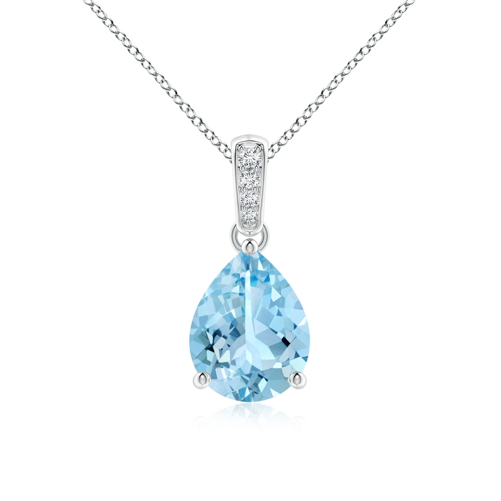 9x7mm AAAA Prong-Set Pear Aquamarine Pendant with Diamond Bale in White Gold