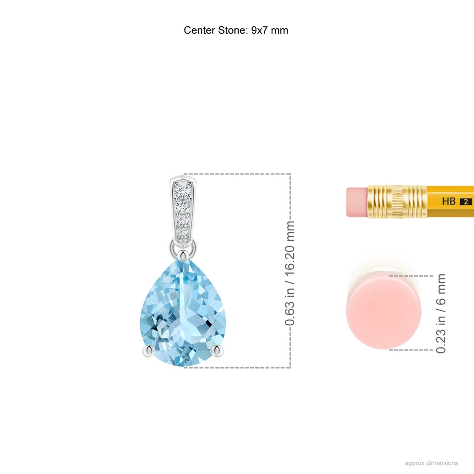 9x7mm AAAA Prong-Set Pear Aquamarine Pendant with Diamond Bale in White Gold ruler