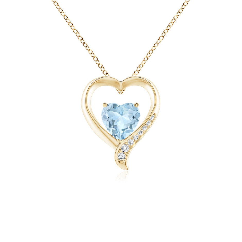 7mm AA Aquamarine and Diamond Open Heart Pendant in Yellow Gold 