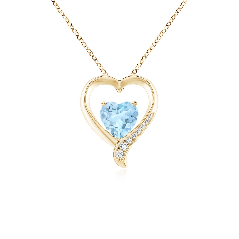 7mm AAA Aquamarine and Diamond Open Heart Pendant in Yellow Gold 