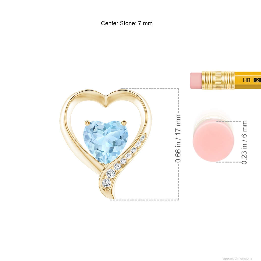 7mm AAA Aquamarine and Diamond Open Heart Pendant in Yellow Gold ruler