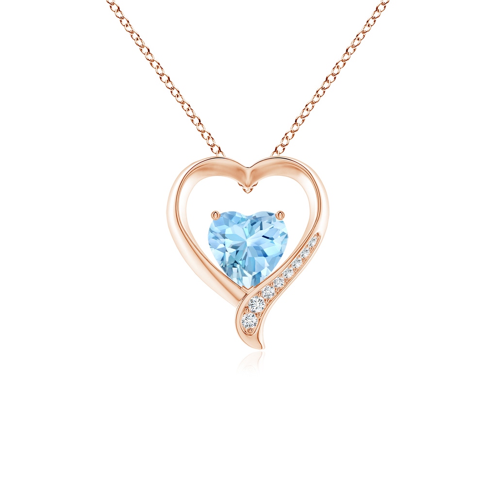 7mm AAAA Aquamarine and Diamond Open Heart Pendant in Rose Gold