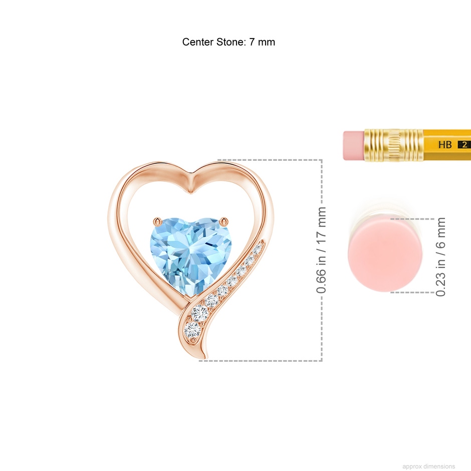 7mm AAAA Aquamarine and Diamond Open Heart Pendant in Rose Gold ruler