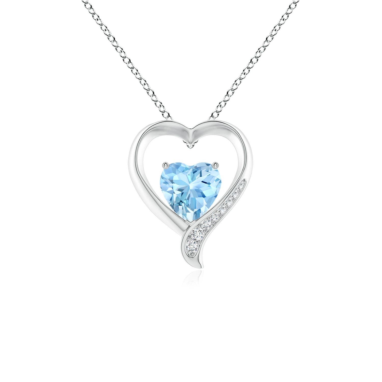 7mm AAAA Aquamarine and Diamond Open Heart Pendant in S999 Silver