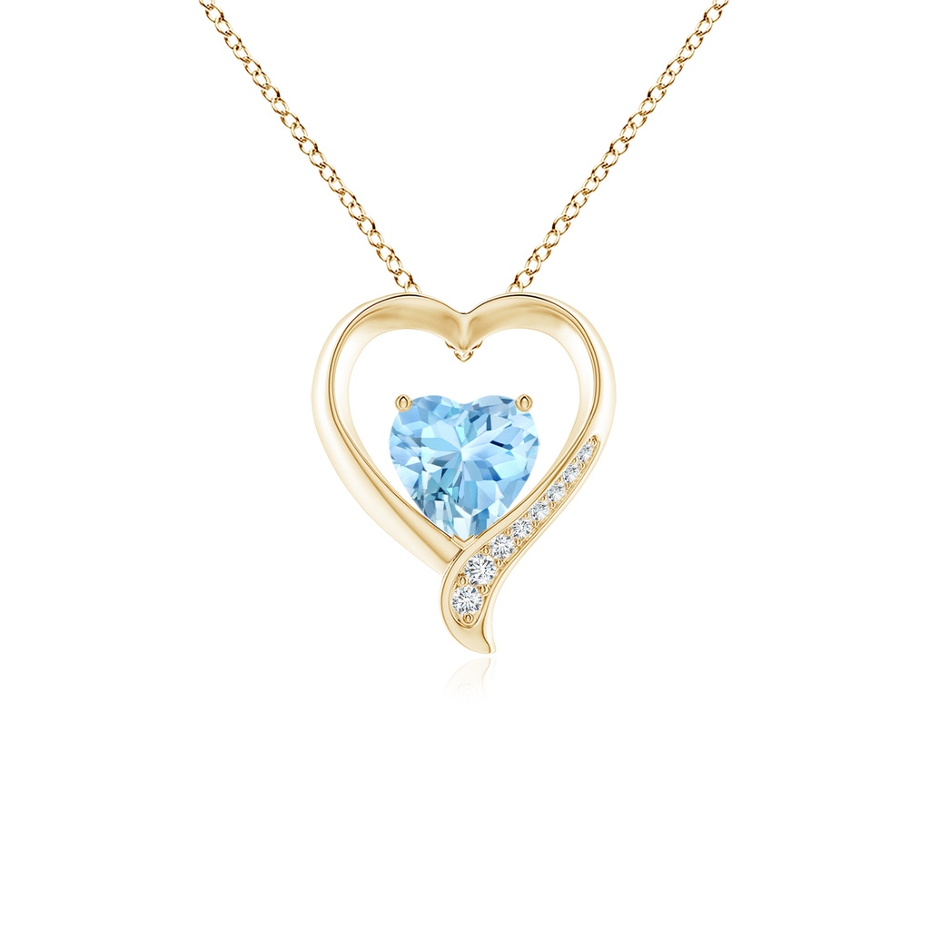 7mm AAAA Aquamarine and Diamond Open Heart Pendant in Yellow Gold