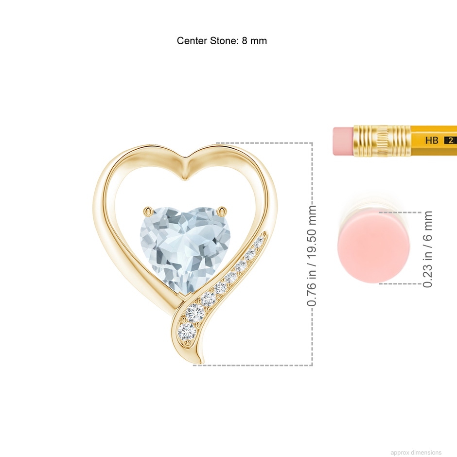 8mm A Aquamarine and Diamond Open Heart Pendant in Yellow Gold ruler