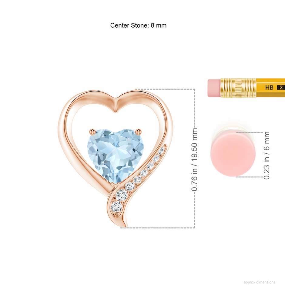 8mm AA Aquamarine and Diamond Open Heart Pendant in Rose Gold ruler