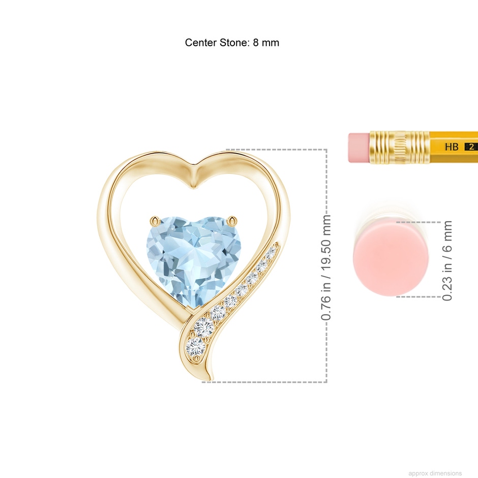 8mm AA Aquamarine and Diamond Open Heart Pendant in Yellow Gold ruler