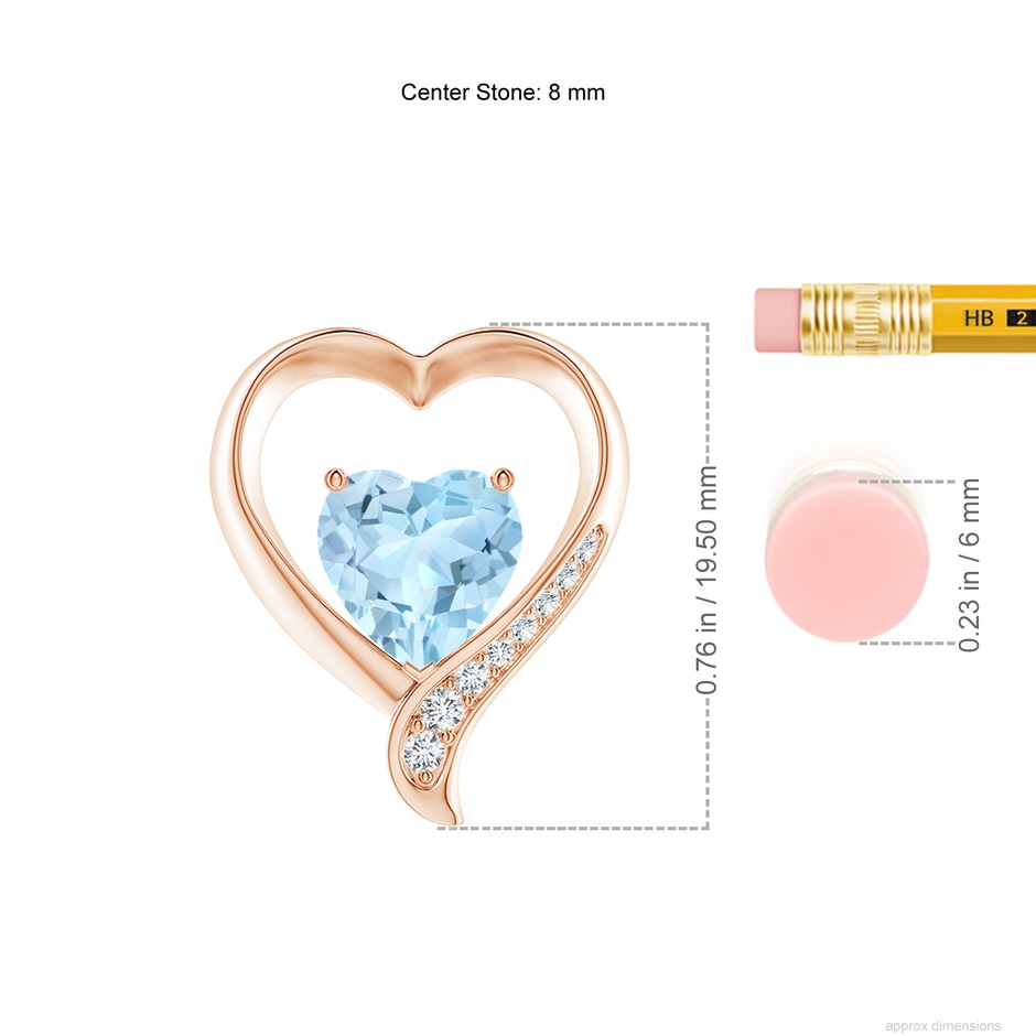 8mm AAA Aquamarine and Diamond Open Heart Pendant in Rose Gold ruler