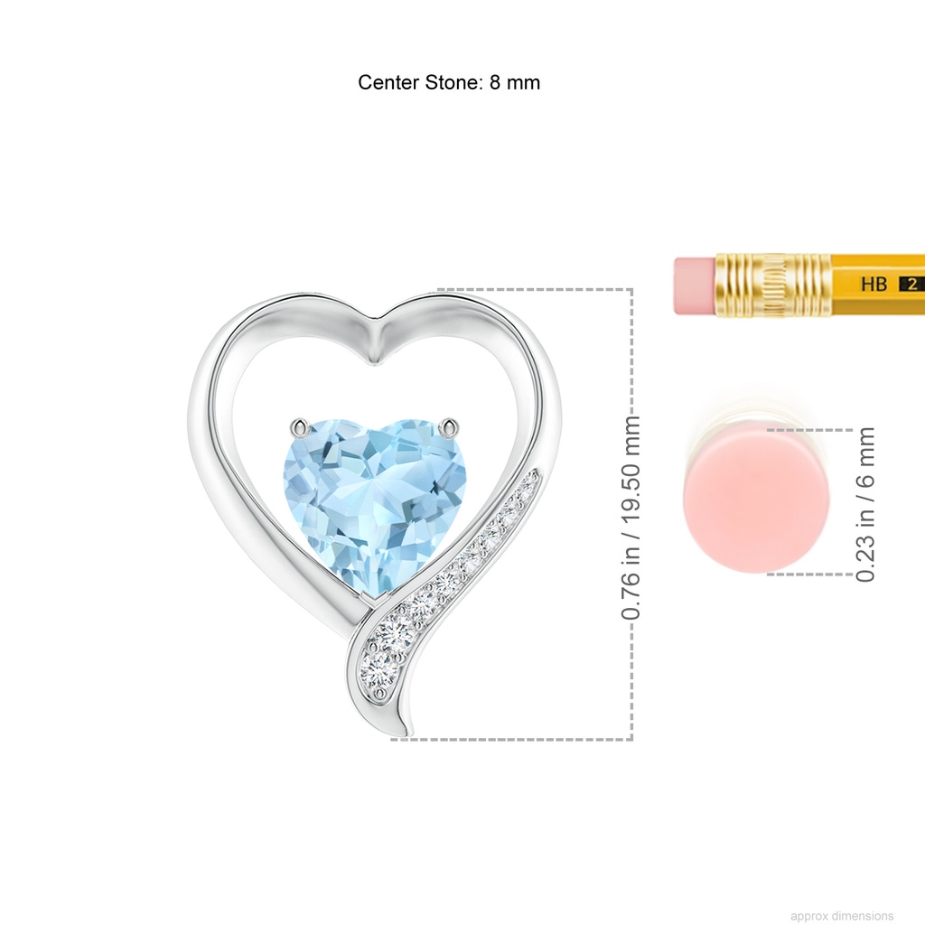 8mm AAA Aquamarine and Diamond Open Heart Pendant in White Gold ruler