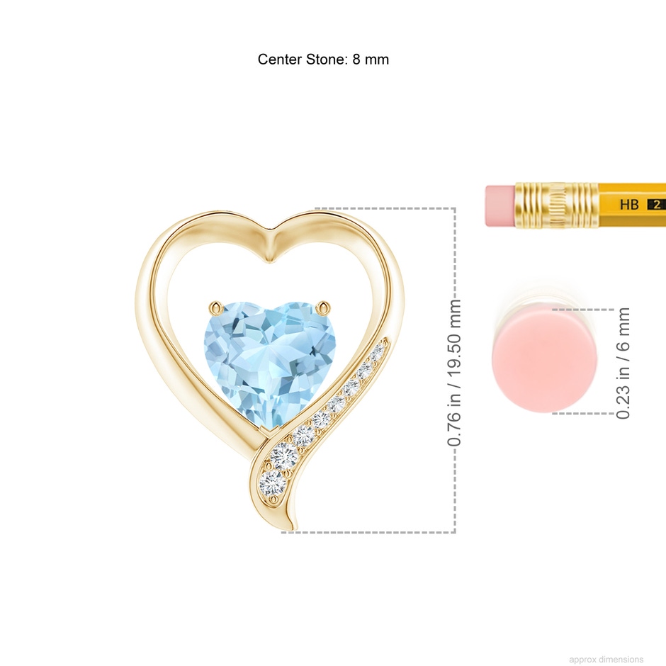 8mm AAA Aquamarine and Diamond Open Heart Pendant in Yellow Gold ruler