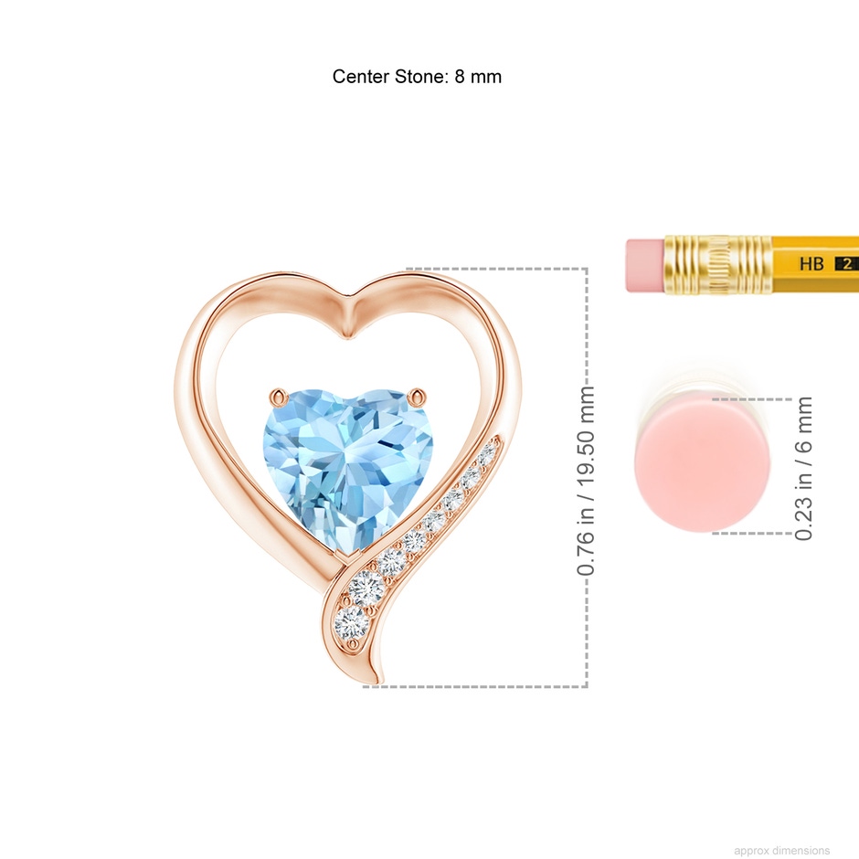 8mm AAAA Aquamarine and Diamond Open Heart Pendant in Rose Gold ruler
