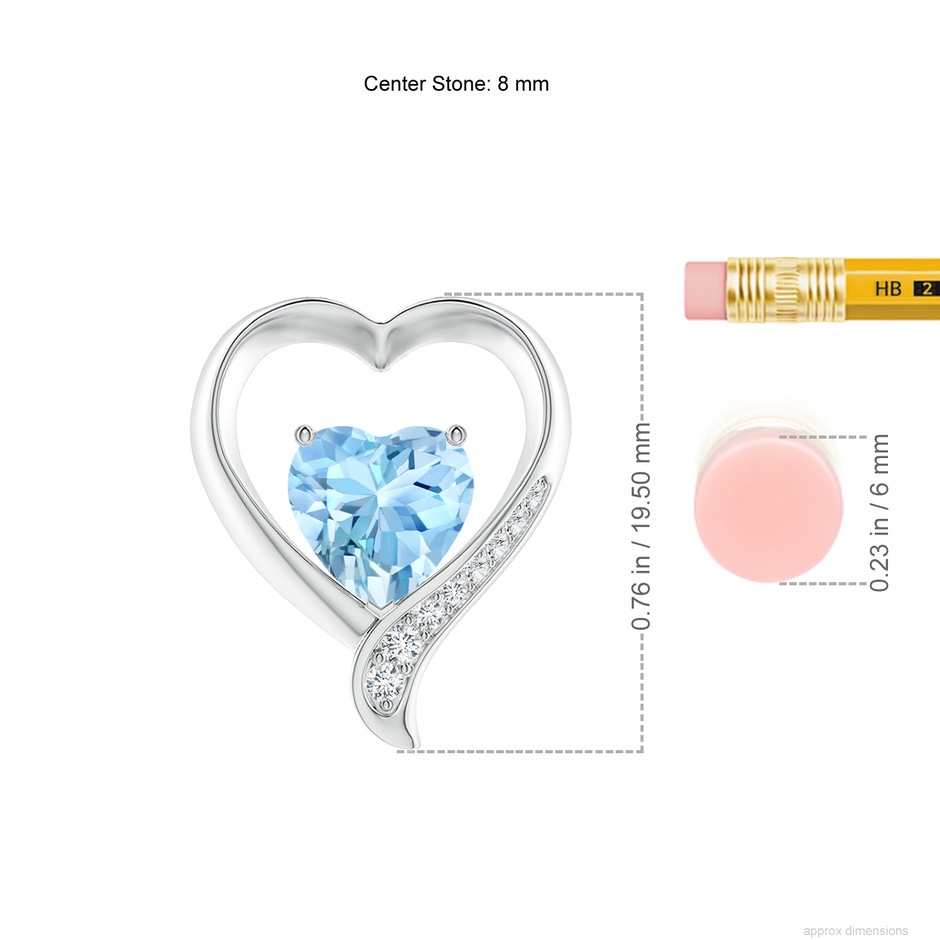 8mm AAAA Aquamarine and Diamond Open Heart Pendant in White Gold ruler