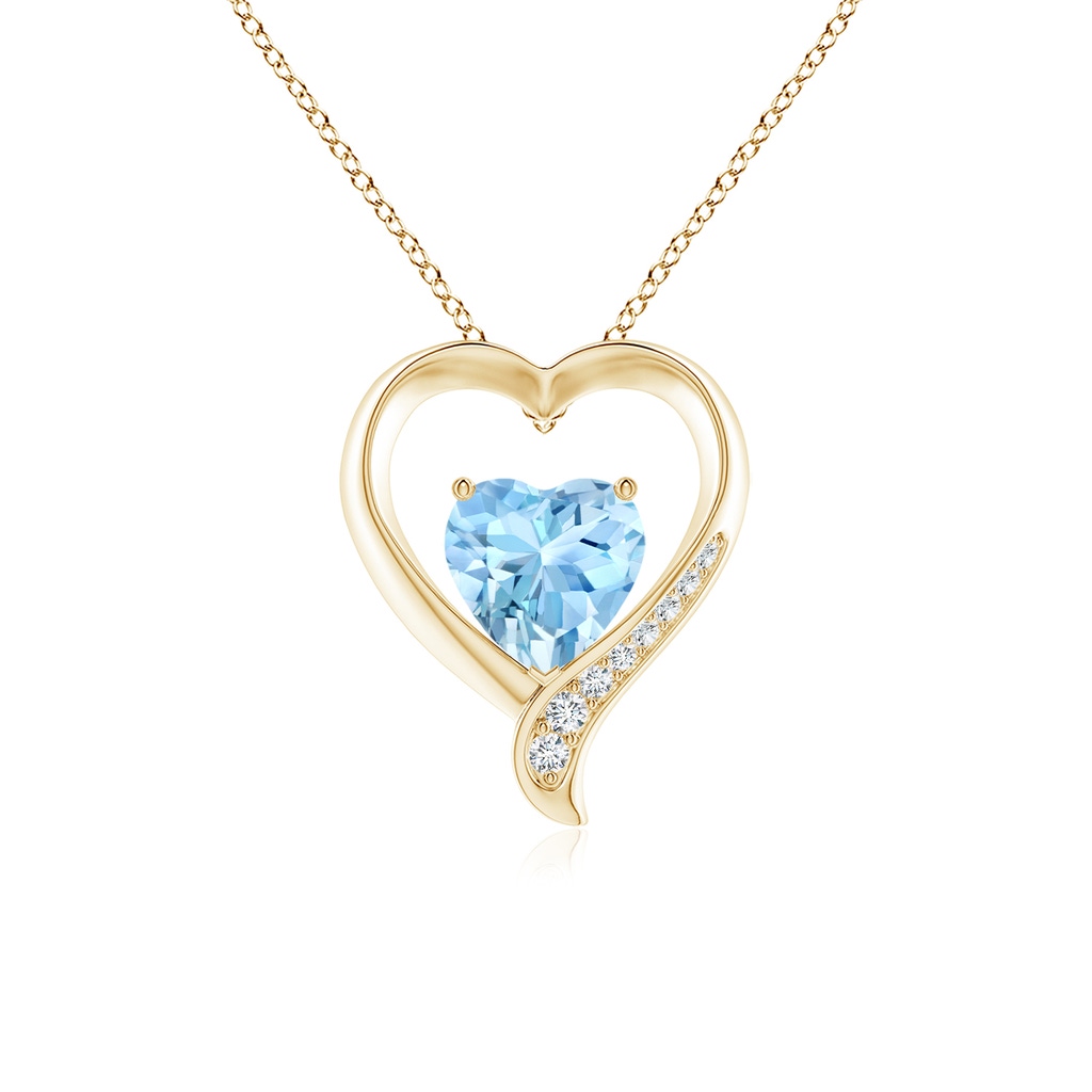 8mm AAAA Aquamarine and Diamond Open Heart Pendant in Yellow Gold