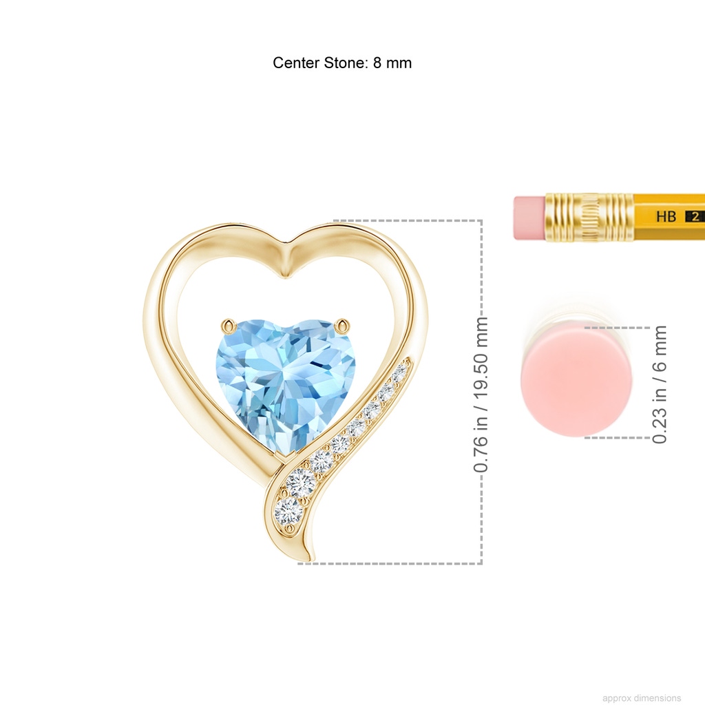 8mm AAAA Aquamarine and Diamond Open Heart Pendant in Yellow Gold ruler