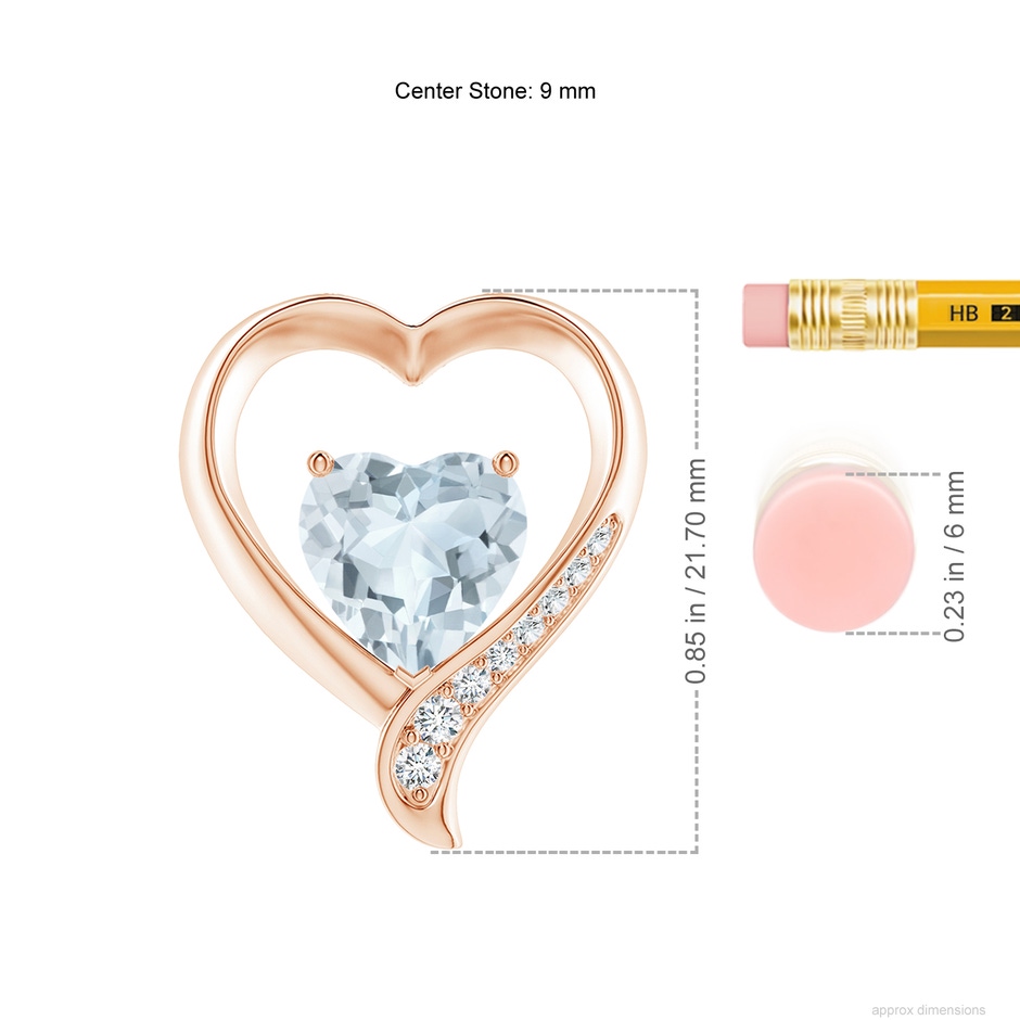 9mm A Aquamarine and Diamond Open Heart Pendant in Rose Gold ruler