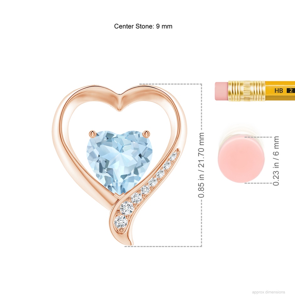 9mm AA Aquamarine and Diamond Open Heart Pendant in Rose Gold ruler
