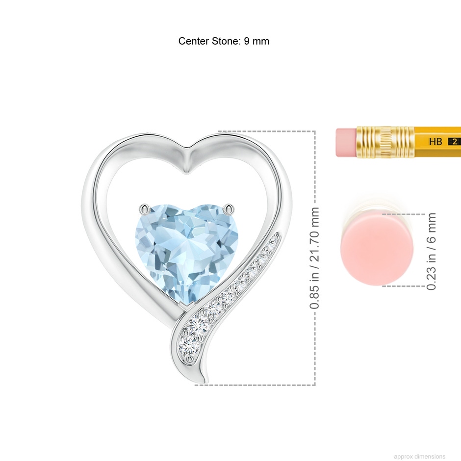 9mm AA Aquamarine and Diamond Open Heart Pendant in White Gold ruler