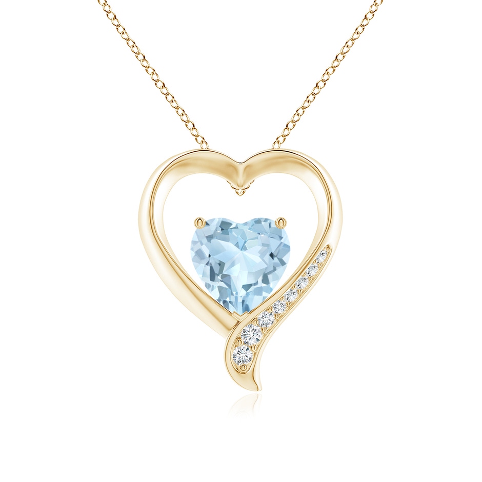 9mm AA Aquamarine and Diamond Open Heart Pendant in Yellow Gold 