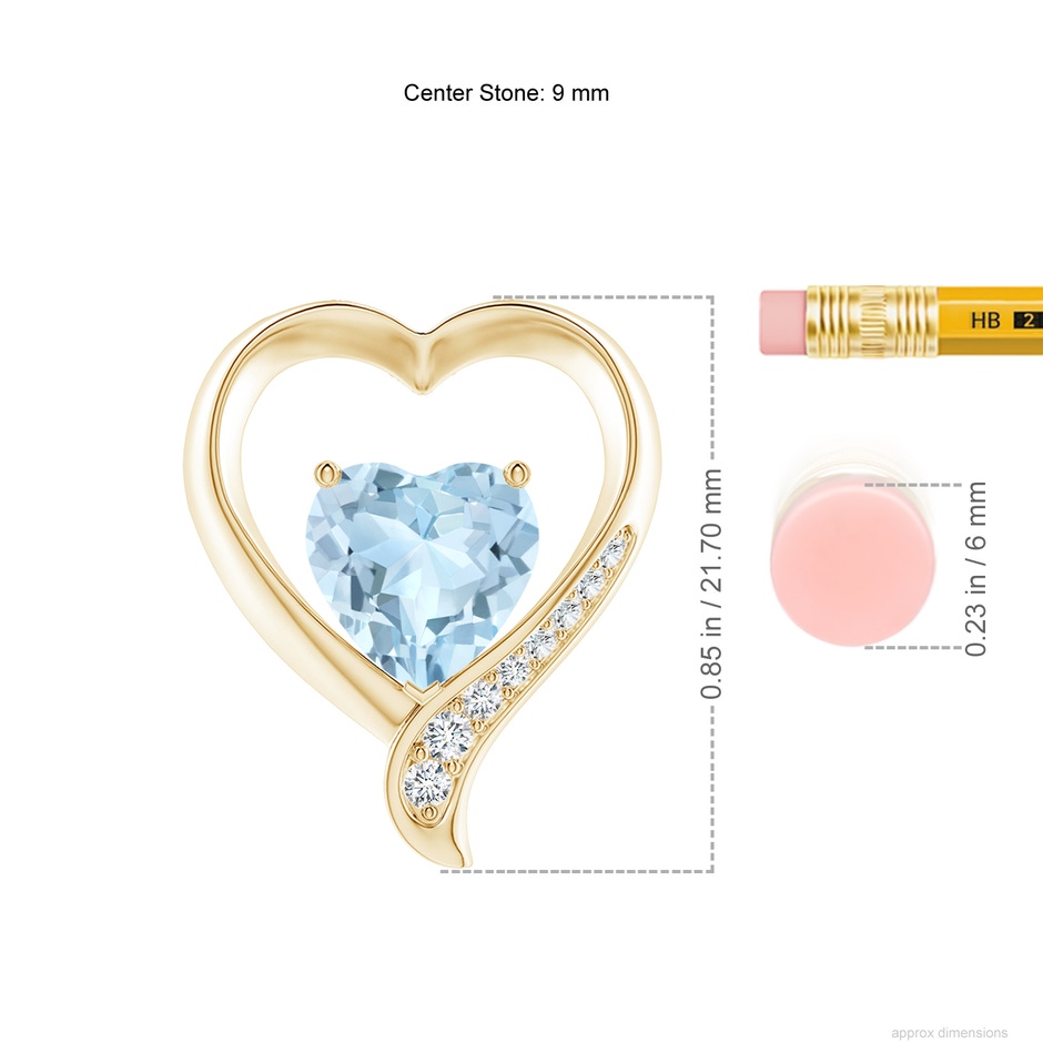 9mm AA Aquamarine and Diamond Open Heart Pendant in Yellow Gold ruler