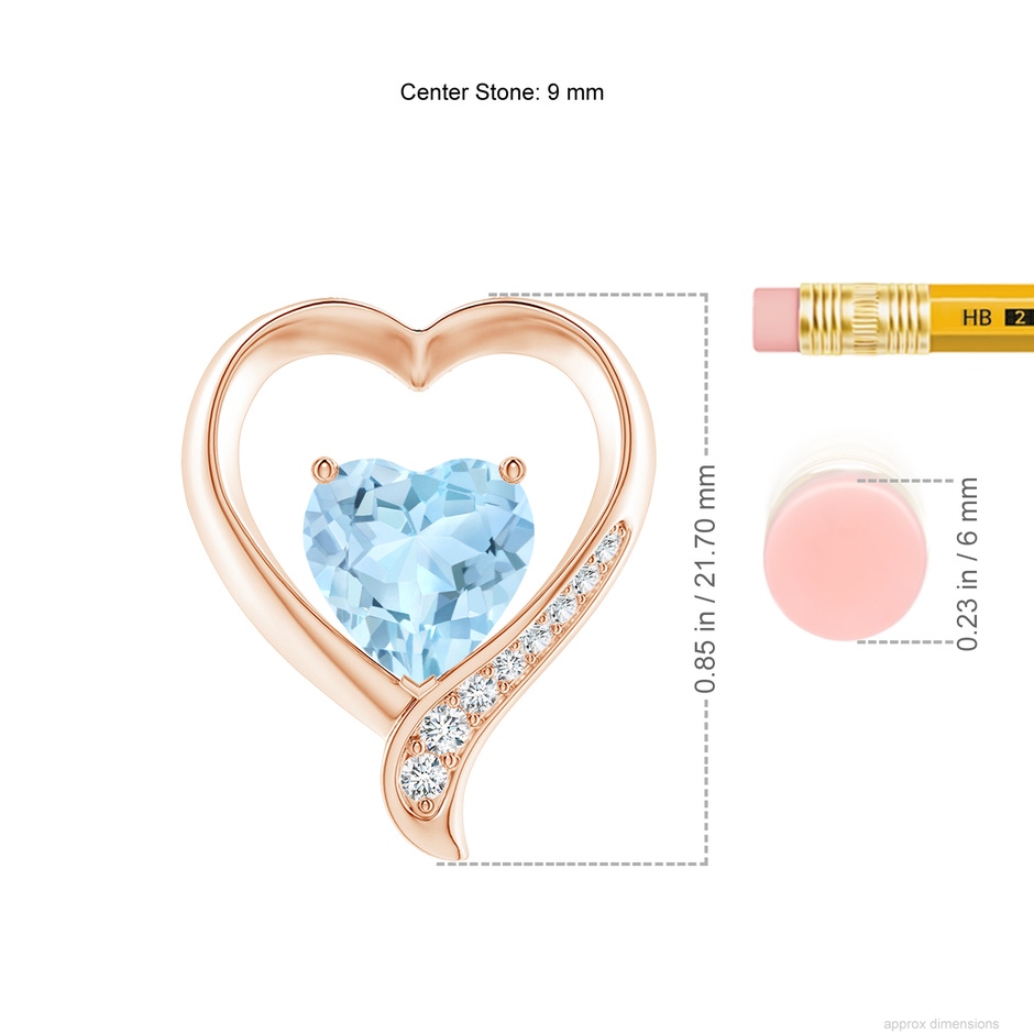 9mm AAA Aquamarine and Diamond Open Heart Pendant in Rose Gold ruler
