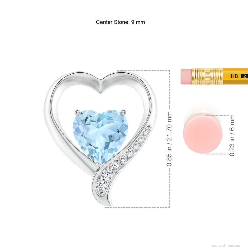 9mm AAA Aquamarine and Diamond Open Heart Pendant in White Gold ruler