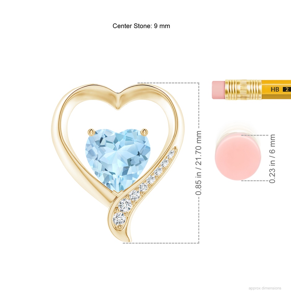 9mm AAA Aquamarine and Diamond Open Heart Pendant in Yellow Gold ruler