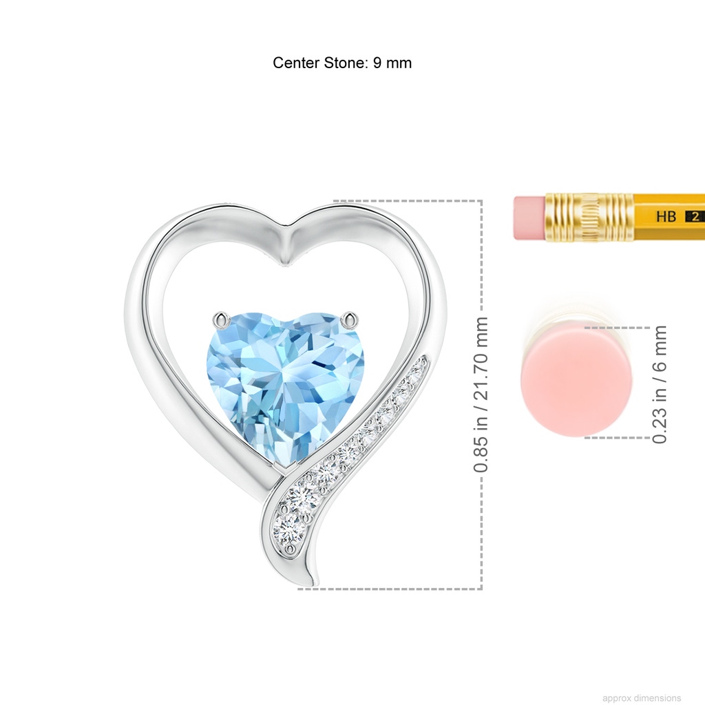 9mm AAAA Aquamarine and Diamond Open Heart Pendant in White Gold ruler