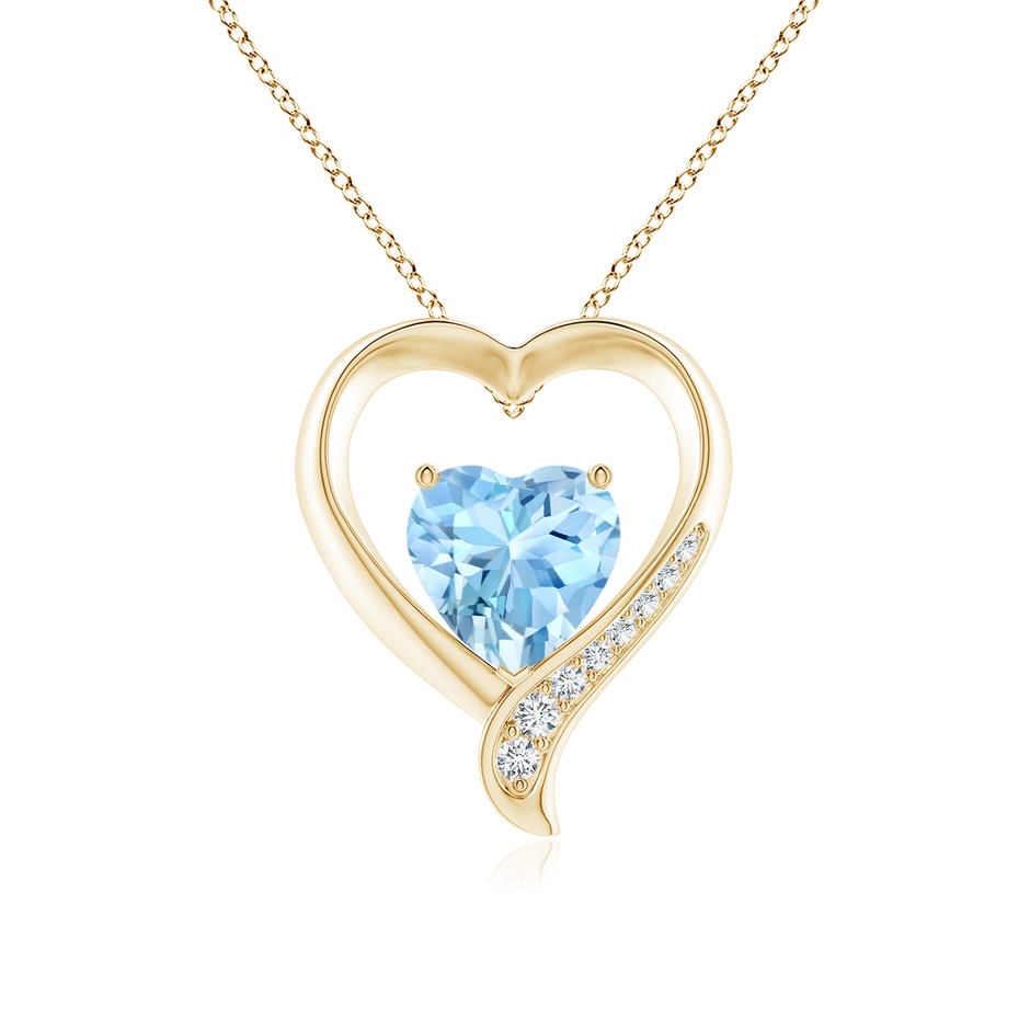 9mm AAAA Aquamarine and Diamond Open Heart Pendant in Yellow Gold 