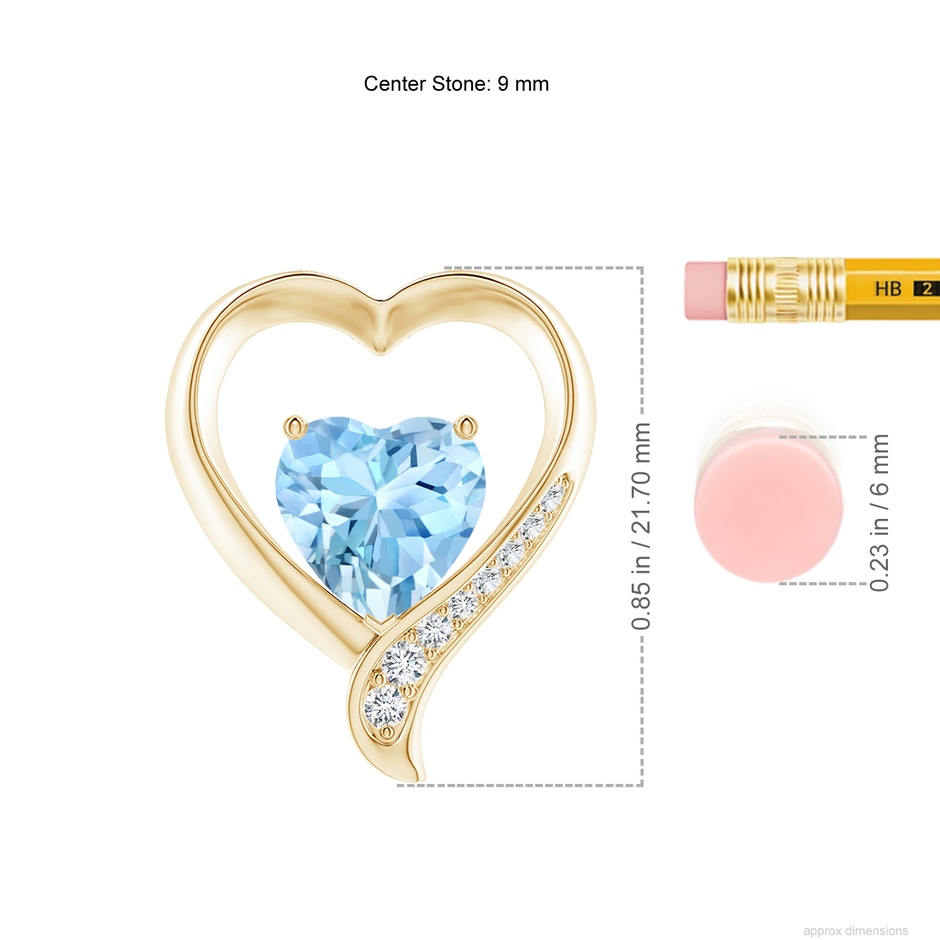 9mm AAAA Aquamarine and Diamond Open Heart Pendant in Yellow Gold ruler