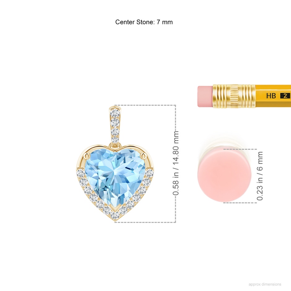 7mm AAAA Heart-Shaped Aquamarine Halo Pendant in Yellow Gold ruler