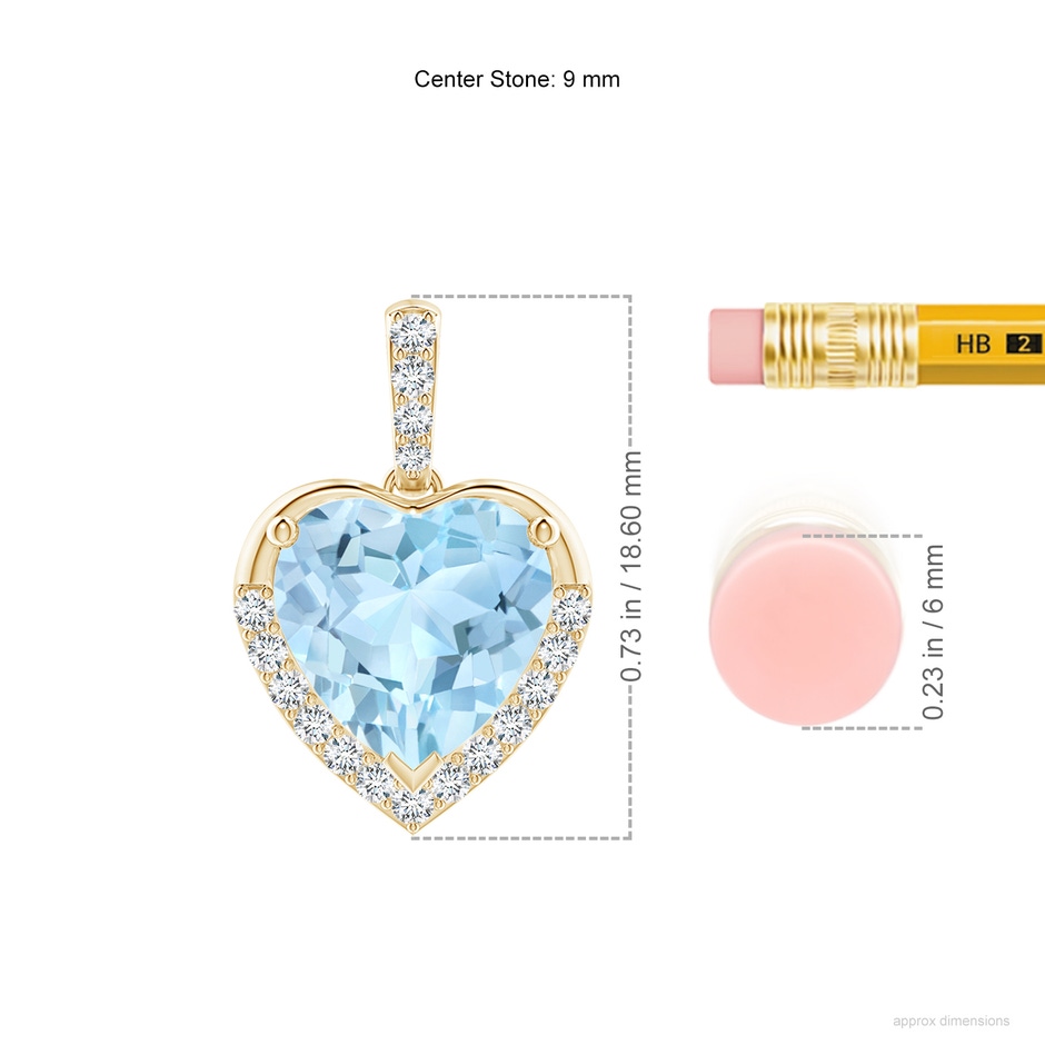 9mm AAA Heart-Shaped Aquamarine Halo Pendant in Yellow Gold ruler