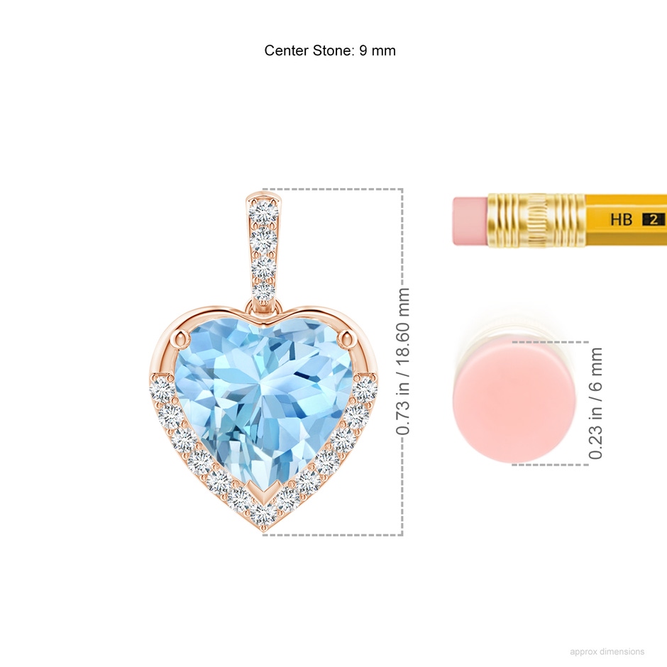 9mm AAAA Heart-Shaped Aquamarine Halo Pendant in Rose Gold ruler
