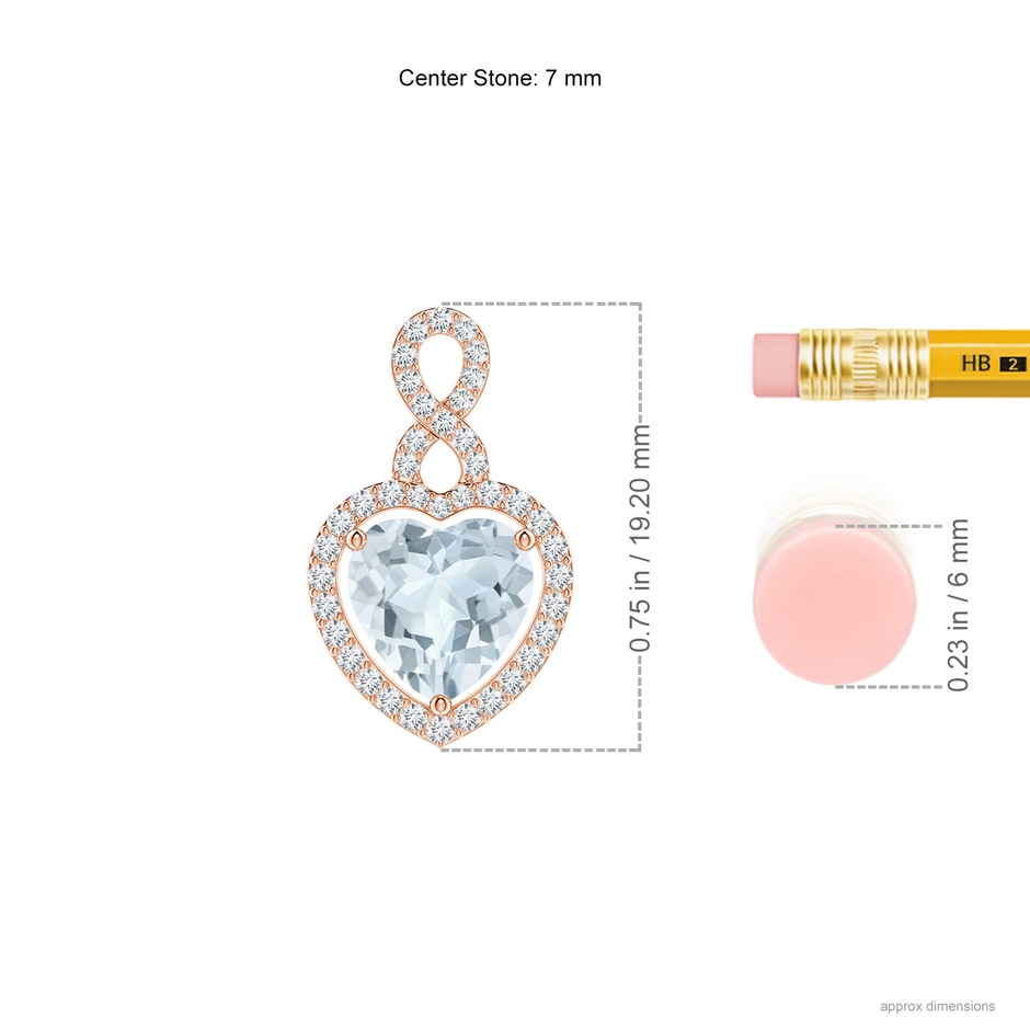 7mm A Aquamarine Infinity Heart Pendant with Diamond Halo in Rose Gold ruler