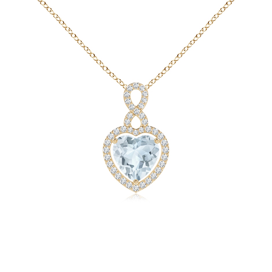 7mm A Aquamarine Infinity Heart Pendant with Diamond Halo in Yellow Gold 