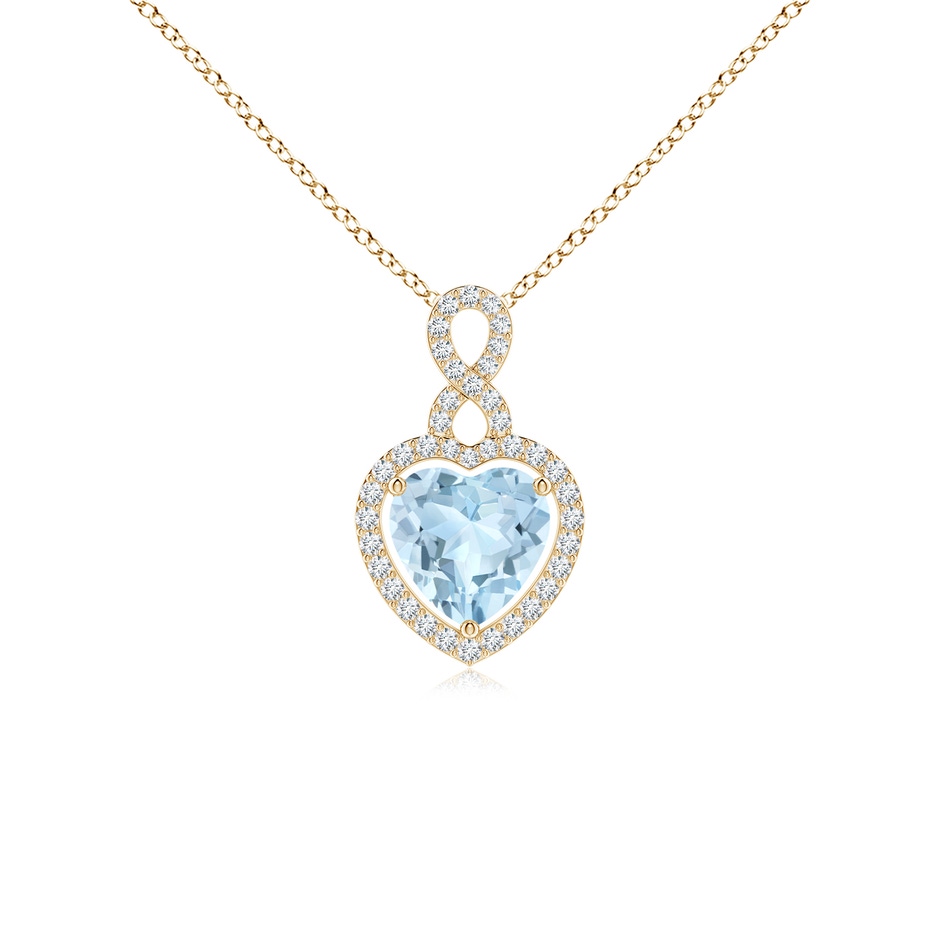 7mm AA Aquamarine Infinity Heart Pendant with Diamond Halo in Yellow Gold 