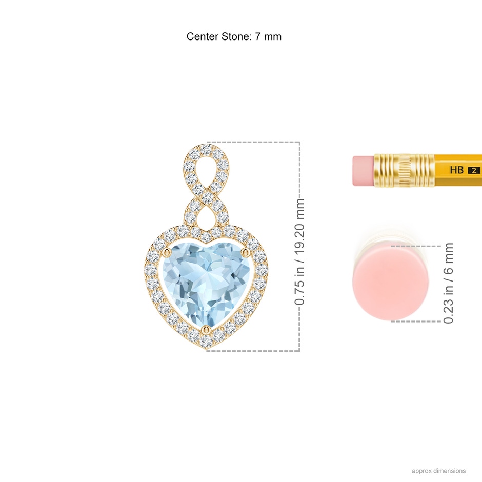 7mm AA Aquamarine Infinity Heart Pendant with Diamond Halo in Yellow Gold ruler