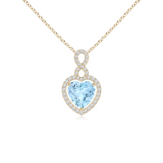 7mm AAA Aquamarine Infinity Heart Pendant with Diamond Halo in Yellow Gold