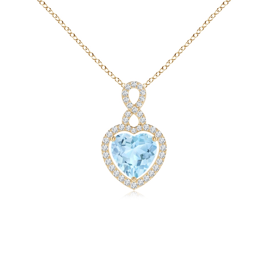 7mm AAA Aquamarine Infinity Heart Pendant with Diamond Halo in Yellow Gold 
