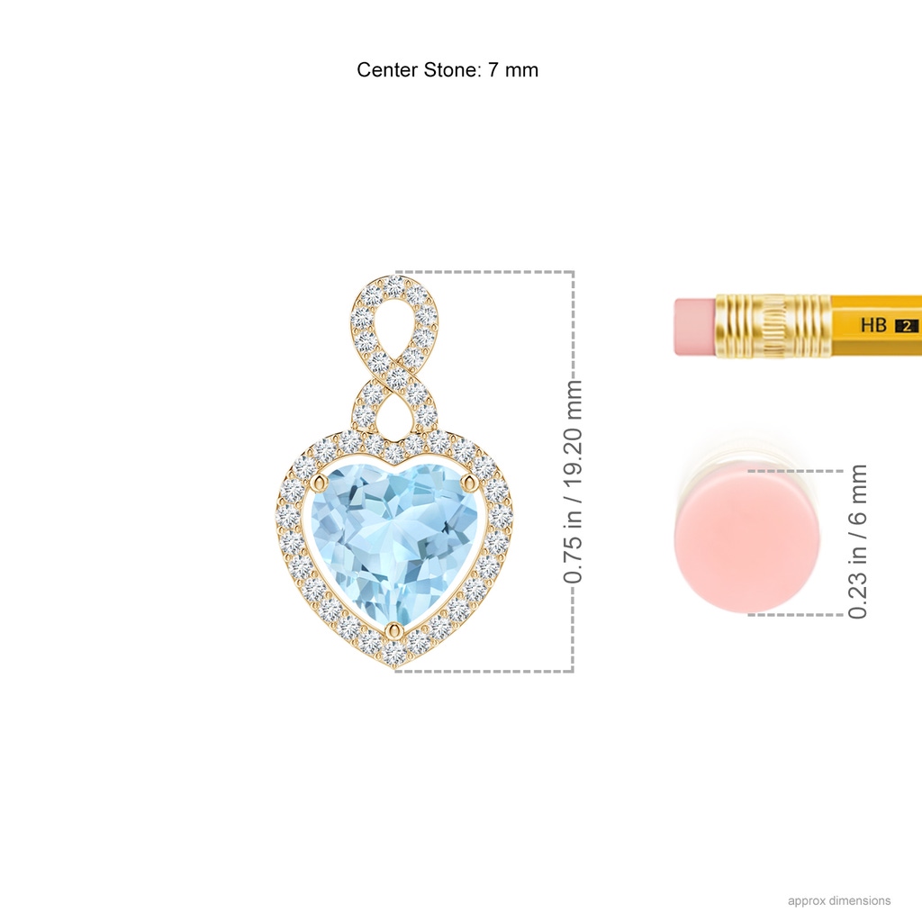 7mm AAA Aquamarine Infinity Heart Pendant with Diamond Halo in Yellow Gold ruler