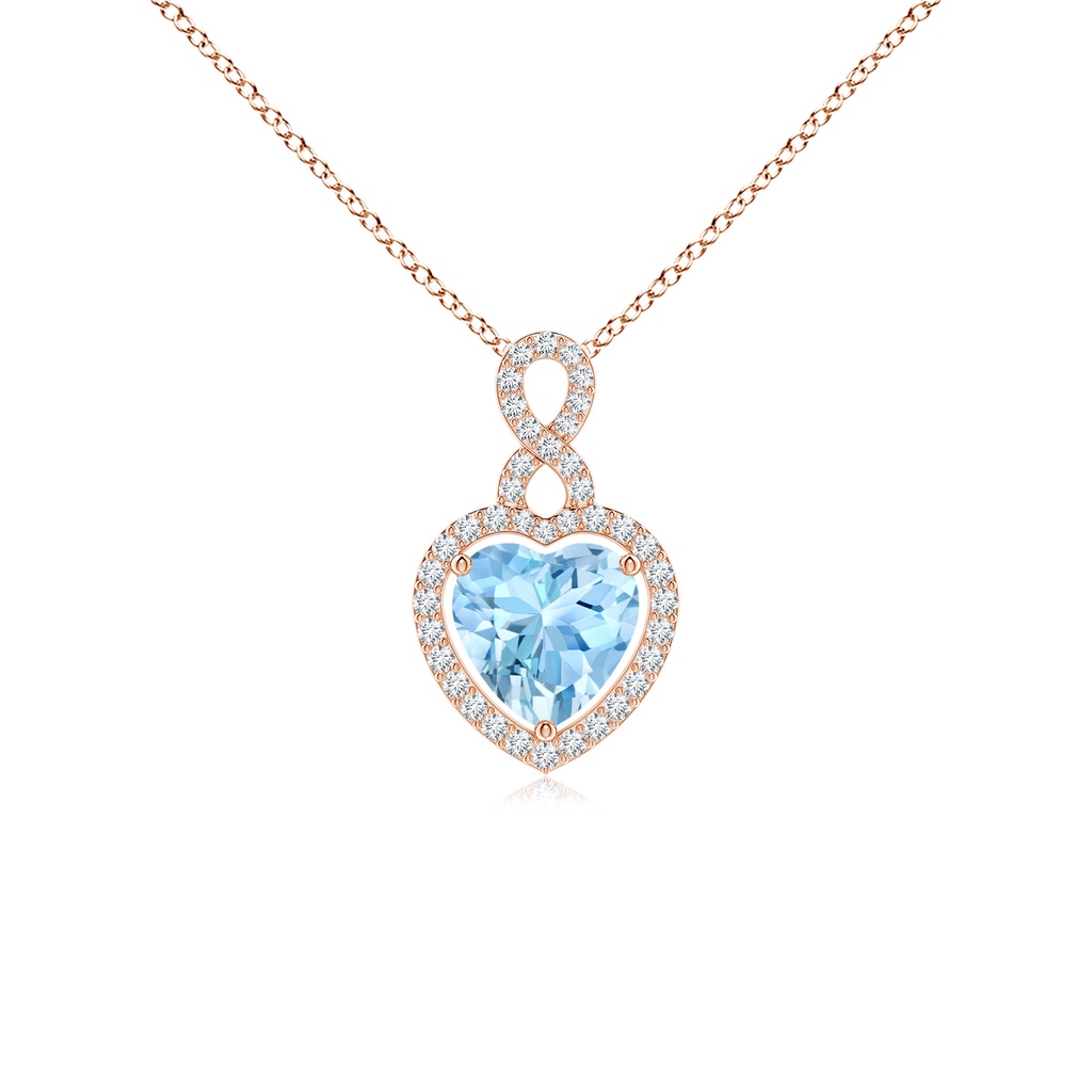 7mm AAAA Aquamarine Infinity Heart Pendant with Diamond Halo in Rose Gold