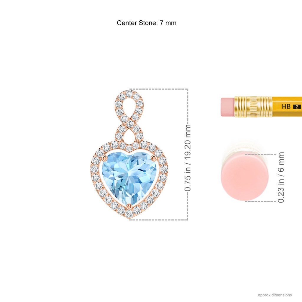 7mm AAAA Aquamarine Infinity Heart Pendant with Diamond Halo in Rose Gold ruler