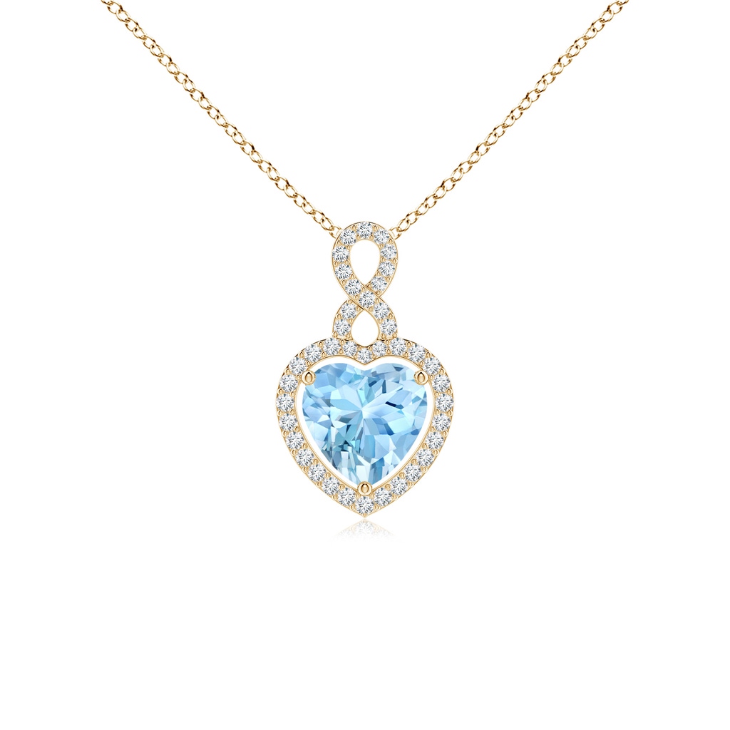7mm AAAA Aquamarine Infinity Heart Pendant with Diamond Halo in Yellow Gold