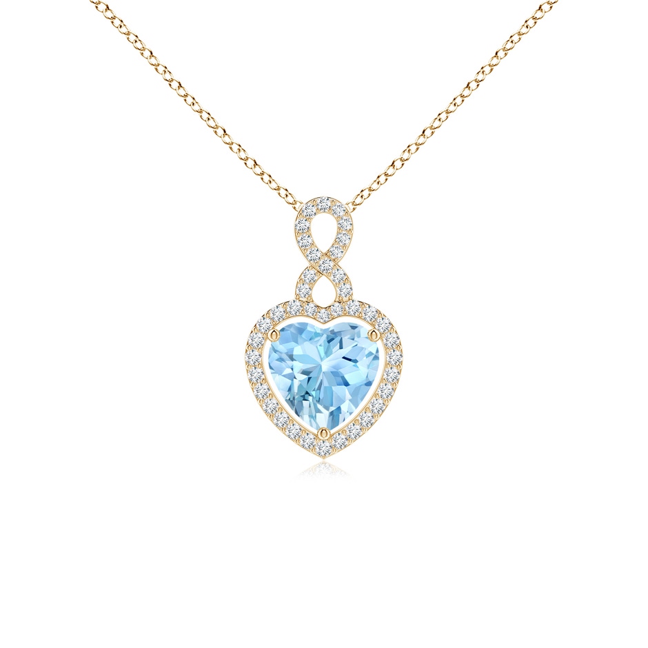 7mm AAAA Aquamarine Infinity Heart Pendant with Diamond Halo in Yellow Gold 