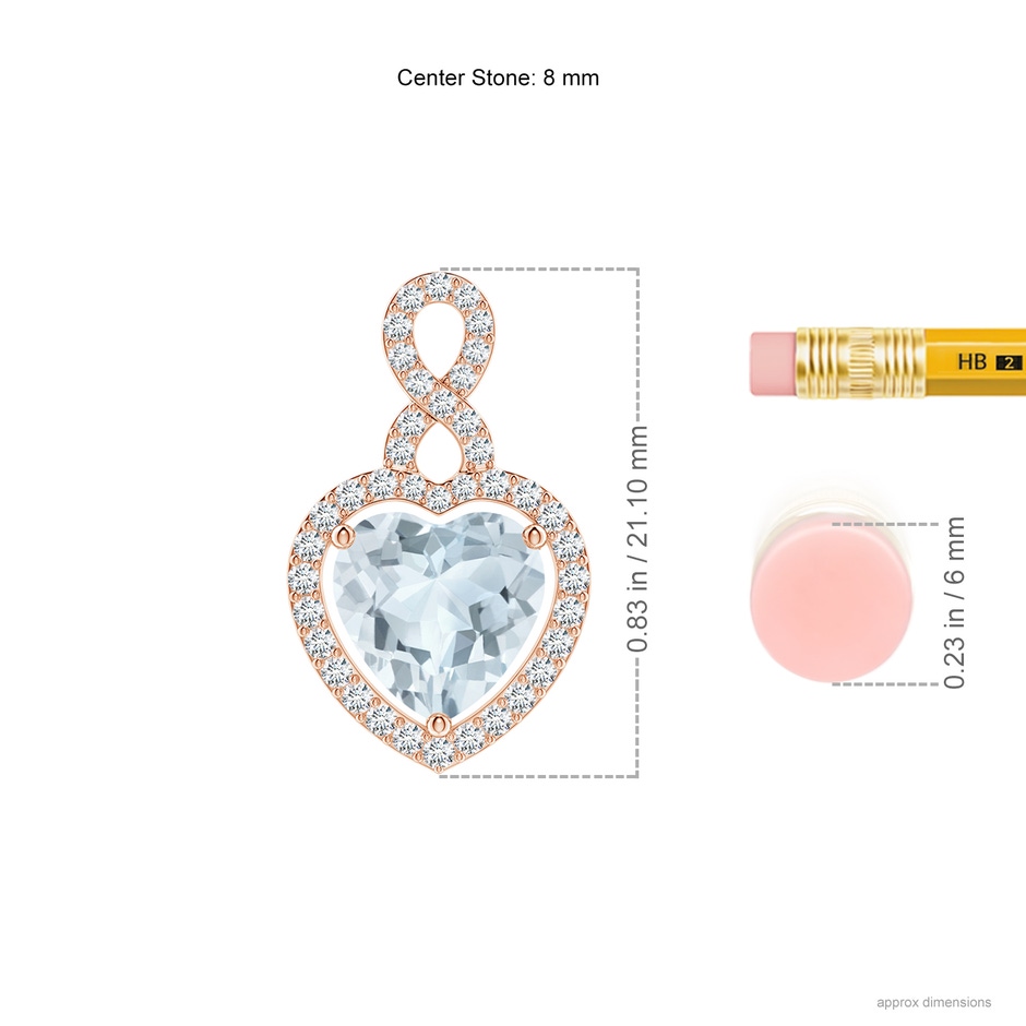 8mm A Aquamarine Infinity Heart Pendant with Diamond Halo in Rose Gold ruler